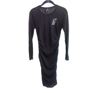 GSUWOO Black Ruched Long Sleeve Bodycon Dress Rhinestone Logo Sheer Size S